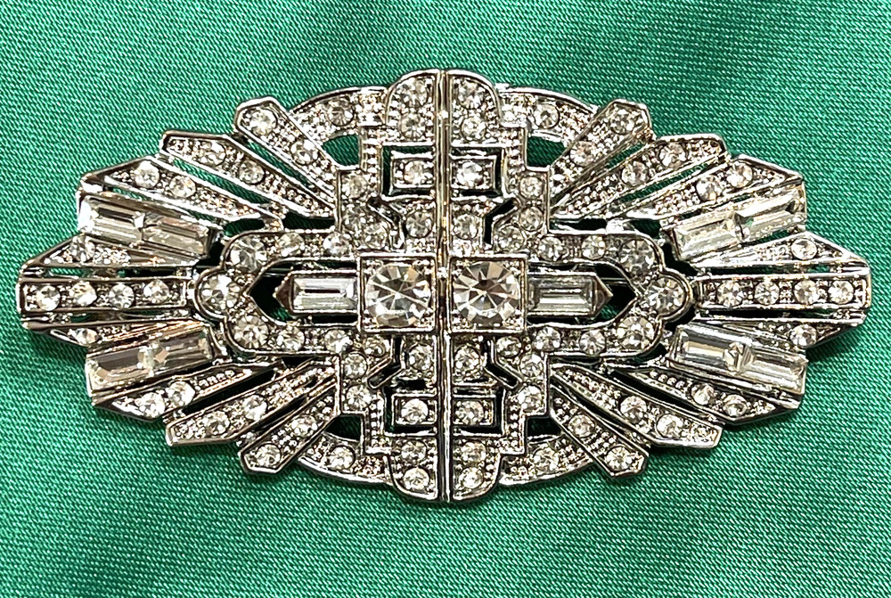 NWOT Art Deco Inspired Geometric Brooch Pin Silver Rhinestone Retro Statement